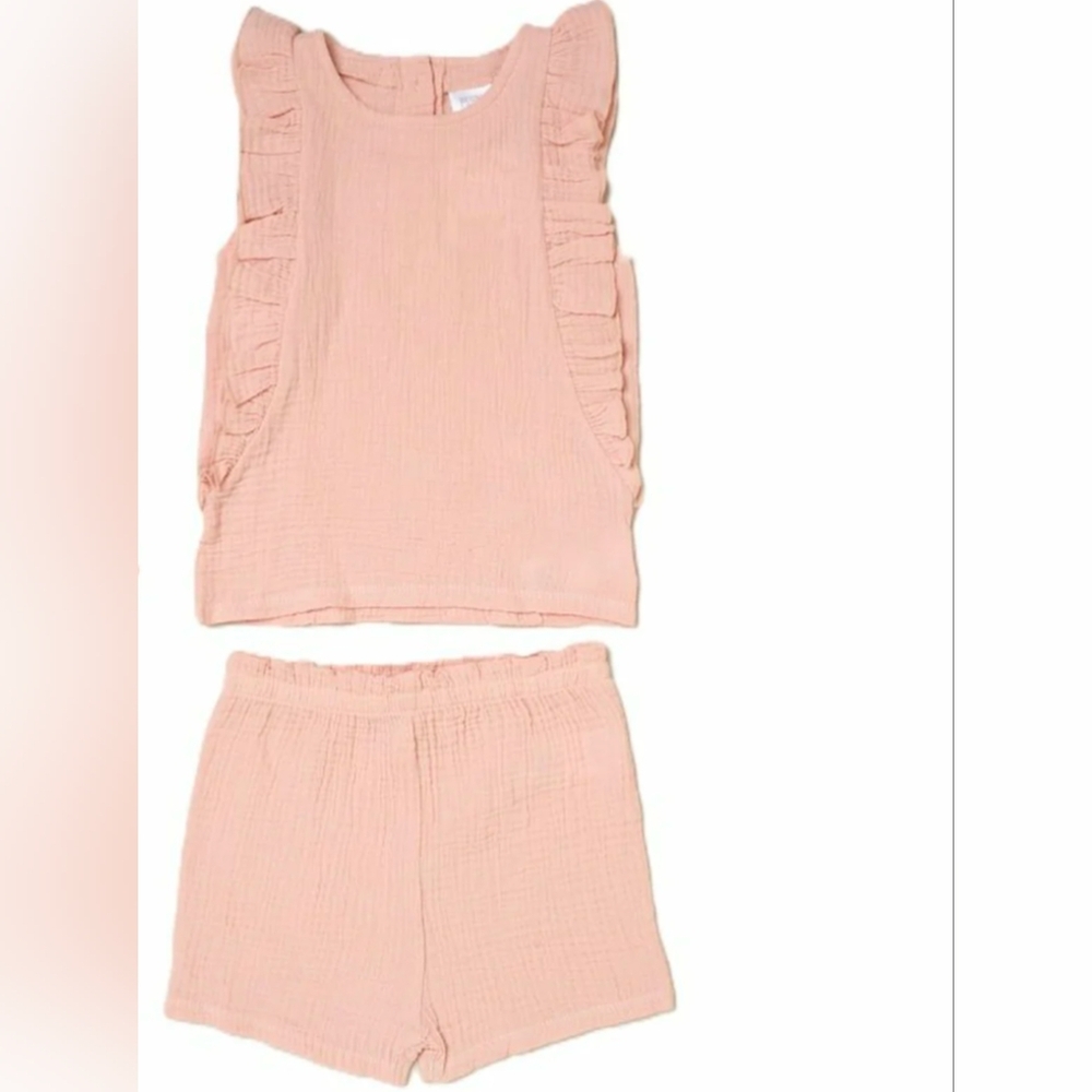 Pink Mesh Ruffle‎ Sleeveless Top and Shorts Set.
